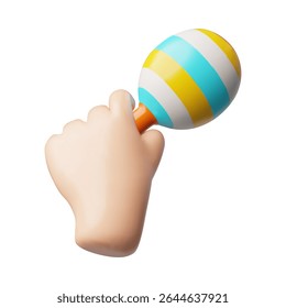 3D vector illustration of a hand holding a wooden maracas in yellow and blue stripes. Traditional Mexican musical instrument. Carnival, party, festival theme. Isolated icon. Render.