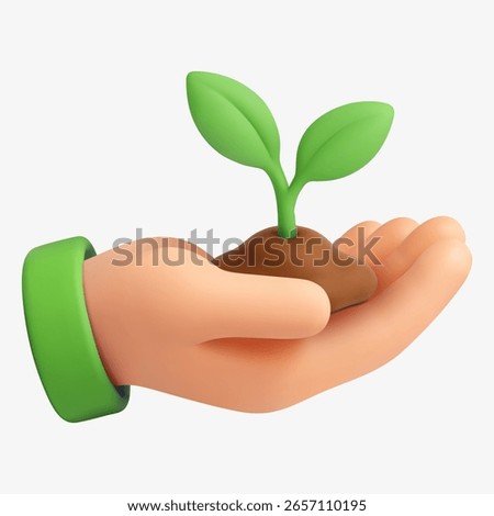 3D vector illustration of a hand holding a green seedling, symbolizing environmental conservation, sustainable business growth, finance, tax, and carbon credit initiatives.
