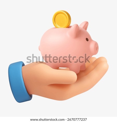 3D vector illustration of a hand holding a pink piggy bank with a coin, symbolizing saving money, financial planning, and smart investments.