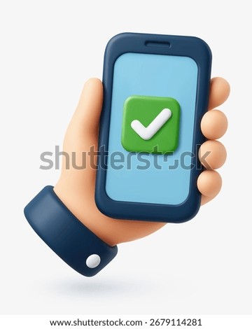 3D vector illustration of a hand holding a smartphone with a green check mark, symbolizing approval, verification, mobile banking, and digital security.