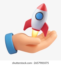Ilustração vetorial em 3D de uma mão lançando um foguete, simbolizando inovação em start-ups, novas ideias de negócios, crescimento e empreendedorismo.
