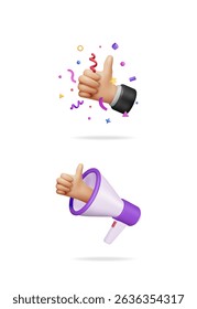 Ilustração vetorial 3d de uma mão com polegares para cima emergindo de um megafone e outra mão mostrando aprovação com confete.
