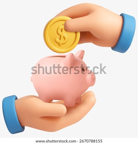 3D vector illustration of hands inserting a gold coin into a pink piggy bank, symbolizing saving money, financial security, and investment planning.