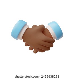 3D vector illustration of a handshake, depicting two hands clasped in agreement, with blue cuffs against a white backdrop.