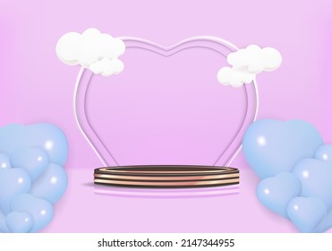 3d vector illustration. Happy birthday cute style with podium for product presentation and hearts 3d objects on pink background. 