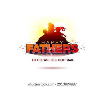 3d vector illustration of Happy Father's Day. Daughter and son playing with Father. Greeting card poster banner template design.