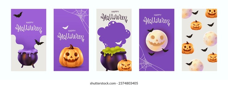 3D vector illustration. Happy Halloween holiday banner. Spooky pumpkins, moon and witch's cauldron. Set of templates for stories, flyers, banners, brochures.