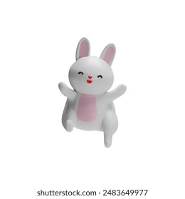 3d vector illustration of a happy jumping white rabbit with paws raised up and eyes closed with joy. It is ideal for decorating a in Easter-themed