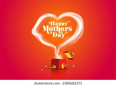 3d vector illustration of Happy Mother's Day concept. Wishing card design. Happy Mothers Day text with gift box and heart shape.