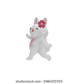 3d vector illustration of a happy walking white rabbit with a flower decoration on its ears and paws raised up. It is ideal for decorating an Easter festival.