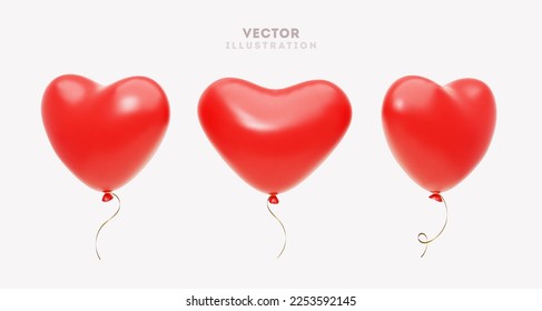 3d vector illustration with heart shape balloons. Valentine's day romantic illustration