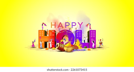 3D vector illustration of Holi festival.  Happy Holi Text with People playing and celebrating Holi festival Colors splash and fun background.