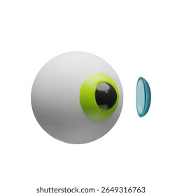 Ilustração vetorial 3D de um olho humano com uma lente de contato mostrada. Perfeito para cartazes médicos, promoções de clínicas oftalmológicas, anúncios e materiais educativos sobre saúde visual e anatomia.