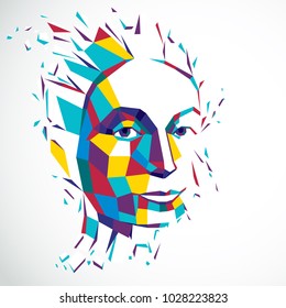 3d vector illustration of human head created in low poly style. Face of pensive female, smart personality. Intelligence allegory, artistic deformed object broken into splinters and fragments.