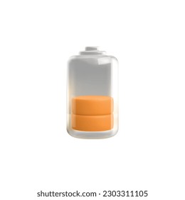 3d vector illustration, icon of battery charging with charge level, indicator of half electric load. Realistic design In plastic cartoon style for energy concept, isolated on white background
