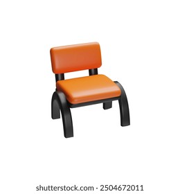 3D vector illustration icon of a modern office chair with an orange cushioned seat and backrest. Ideal for representing office furniture, workspace setups, or interior design elements.