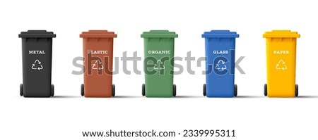 3d vector illustration icon set of recycle garbage bins in different colours with types of recycle materials