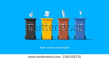 3d vector illustration icon set of recycle garbage bins in different colours with types of recycle materials symbols