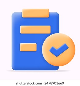 icono de Ilustración vectorial 3d, documento de pizarra, tarea completada con el símbolo de marca de verificación