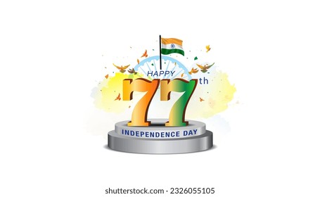 3d vector illustration of India Independence Day 77 years anniversary. Tricolor flag with patriotic background. 15th August, freedom celebration.