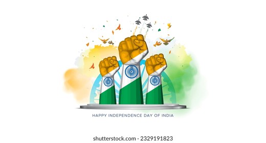 3D vector illustration of India Independence day creative concept. Patriotic background with tricolor raise of hand fist. 15th August Freedom celebration theme.
