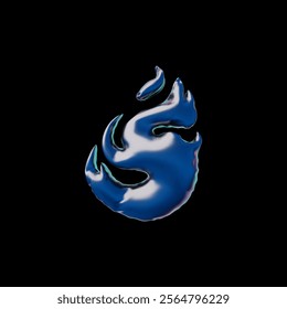3d vector illustration of inflatable fire shape, with blue reflective surface. y2k. Retro futurism. Element for decoration. Energy and power. Isolated black background. Visualization.