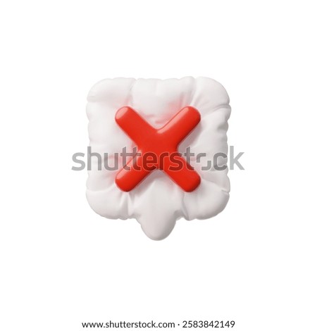 3D Vector illustration of inflatable white chat cloud, square shape with red cross. Concept of reject, delete, warning signal. X sign. Cartoon style. Isolated background. For social media.