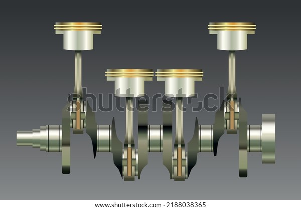 3d vector\
illustration of internal combustion engine crankshaft with chrome\
pistons isolated on dark grey\
background