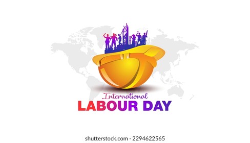 3D vector illustration of International Labor Day Concept. Happy Labour Day Typography with a group of workers and Safety Helmet. Poster banner template design.