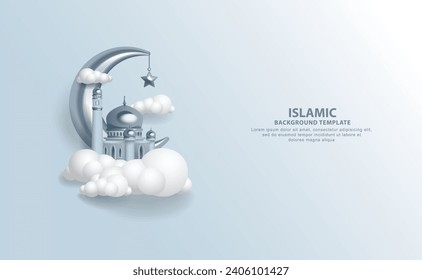3D-Vektorgrafik islamischer Ikonen mit Crescent und Star, realistische Moschee, auch Cloud perfekt für Grußkarten, Hintergründe, Einladungsvorlagen, etc.