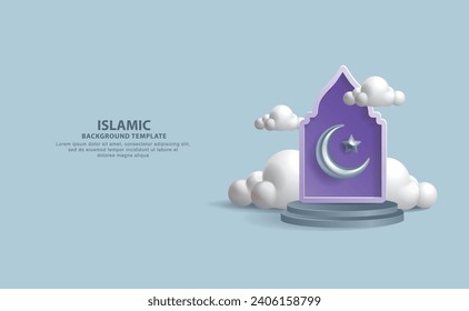Ilustración vectorial 3D de iconos islámicos con pantalla de media luna y fondo perfecta para tarjetas de felicitación, fondos, plantillas de invitación, etc.