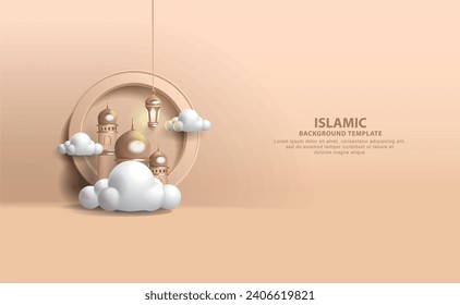 3D Vector Illustration of Islamic Icons with Lantern, Circle Backdrop and Glow of Balls perfect for Greeting Cards, Backgrounds, Invitation Templates, etc.