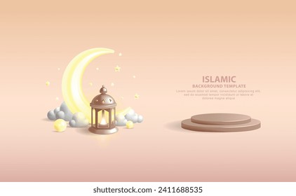3D Vector Illustration of Islamic Icons with Lantern and Glow of Crescent also Product Dislpay perfect for Greeting Cards, Backgrounds, Invitation Templates, etc.