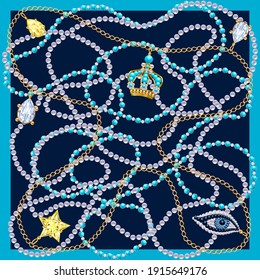 3d vector illustration with jewelry, chains, pearls, beadworks and crystals. Seamless vector illustration. 
