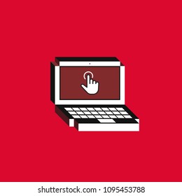 3d vector illustration of laptop. Isometric flat design. Notebook monitor screen with finger tap icon on red background. Concept of touchscreen interface or guide.
