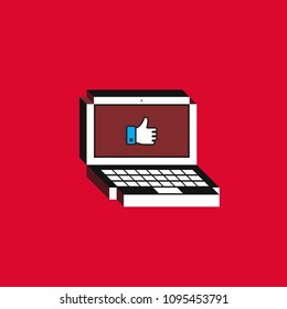 3d vector illustration of laptop. Isometric flat design. Notebook monitor screen with thumb up icon on red background. Concept of new like notification, user feedback or customer recommendation.