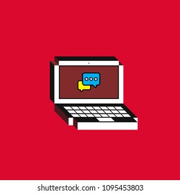 3d vector illustration of laptop. Isometric flat design. Notebook monitor screen with chat bubbles icon on red background. Concept of digital communication, messaging or customer support service.