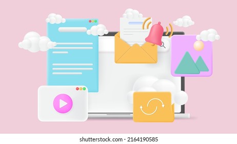 Ilustración de vectores 3D. Portátil con páginas abiertas. Plantilla para diseño web.