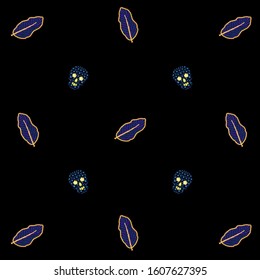 3D vector illustration with leaves, skulls and beads on a black background. Textile pattern, print pattern, fabric design, beadworks, print for textile, scarf, underwear, packaging, scrapbooking, etc.
