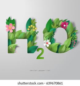 3d vector illustration. Lettering H2O in style of paper art. Paper leaves and flowers. 