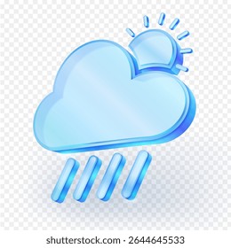 3D vector illustration of a light blue cloud with falling rain, simultaneously showcasing a partially visible sun. This weather icon symbolizes mixed conditions or a sun shower, Clear glass icon.