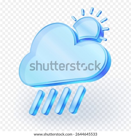 3D vector illustration of a light blue cloud with falling rain, simultaneously showcasing a partially visible sun. This weather icon symbolizes mixed conditions or a sun shower, Clear glass icon.