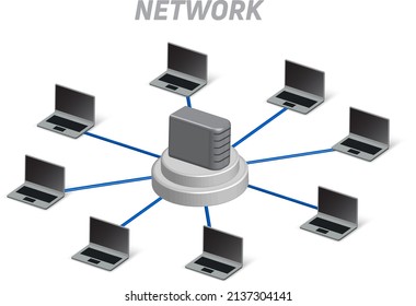 3D vector illustration of a local area network computer network with a computer server as the network center.