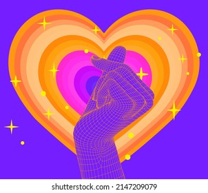 3D vector illustration of a low-poly hand showing Korean Finger Heart or Saranghae gesture with crisscrossing fingers. Heart in neon acid colors on the background.