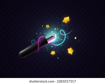 3D vector illustration of magic wand with magical lightning, sparkles and stars floating on transparent background. Wizard tool, magic stick with spell