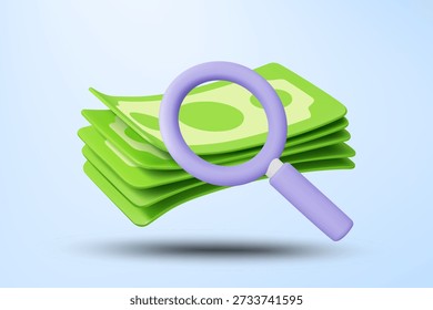 3D vector illustration of magnifying glass analyzing green banknotes stack. Concept for financial money audit and budget inspection search. Business economy background template.