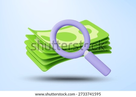3D vector illustration of magnifying glass analyzing green banknotes stack. Concept for financial money audit and budget inspection search. Business economy background template.