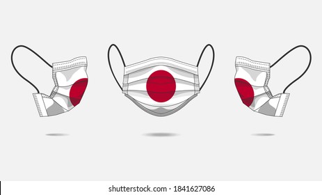 3D Vector illustration of medical face mask with japanese flag as design. Surgical mask with flag design to protect from Novel corona virus CoVid-19. Medical face for Corona virus outbreak.