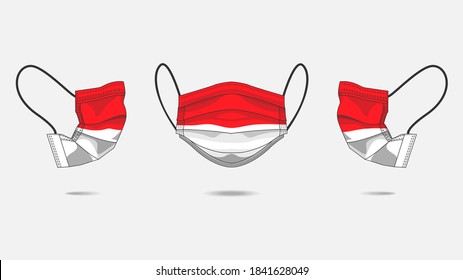 3D Vector illustration of medical face mask with Indonesian flag as design. Surgical mask with flag design to protect from Novel corona virus CoVid-19. Medical face for Corona virus outbreak.