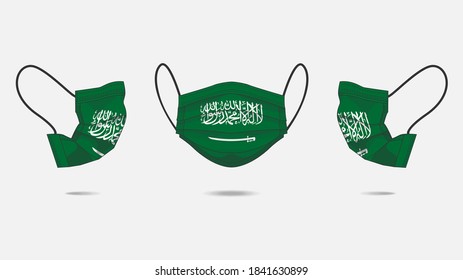 3D Vector illustration of medical face mask with Saudi Arabia flag mask as design. Surgical mask with flag design to protect from Novel corona virus CoVid-19. Medical face for Corona virus outbreak.